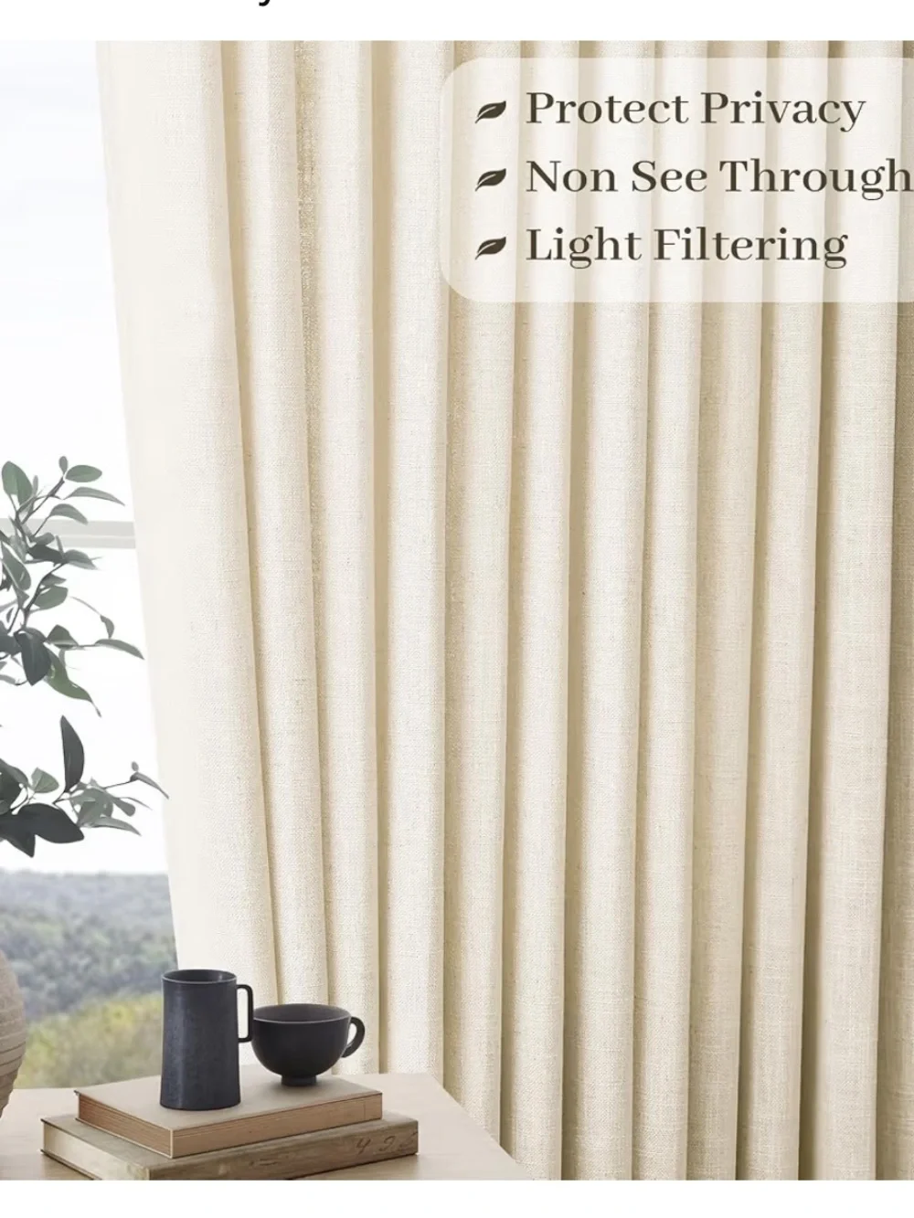 Pinch Pleated Linen Curtains with Hooks & Rings 84” SEMI-SHEER (2-Panels) CREAM